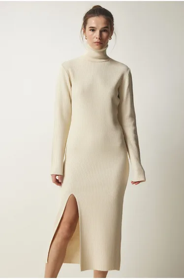 Women's Cream Turtleneck Slit Knitwear Dress