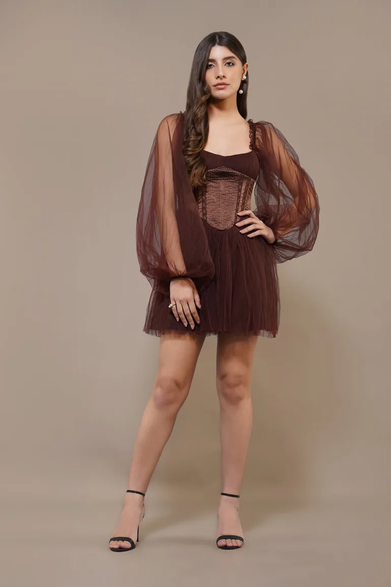 coffee lace dress Dresstells Women Coffee Lace Long Evening Dress Floral Flutter Sleeves Ruched Boat Neck Mermaid Wedding Guest Dress