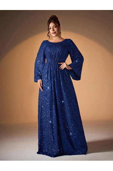 Leely Plus Women's Elegant Scoop Neck Flare Sleeve Sequins A-Line Dress