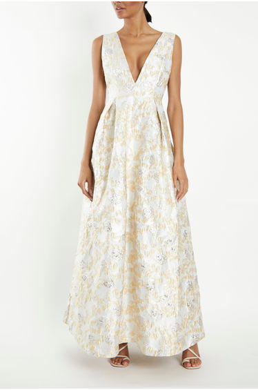 Louise Cream Metallic Brocade Plunging Back Maxi-Dress