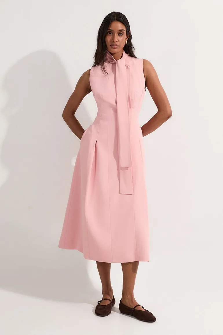 compact stretch bow tie neck full skirted midi dress Dusty Rose Petite Compact Stretch Bow Tie Neck Full Skirted Midi Dress