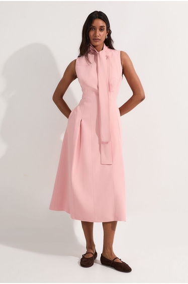 Compact Stretch Viscose Tie Neck Tailored Full Skirted Midi Dress