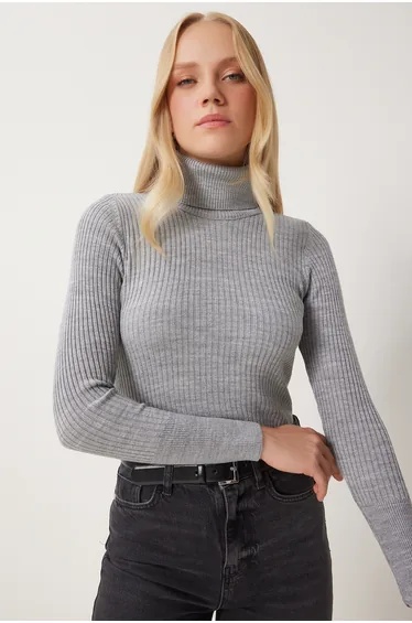 سويتر نسائي ليكرا مضلع بياقة تيرتيل - رمادي