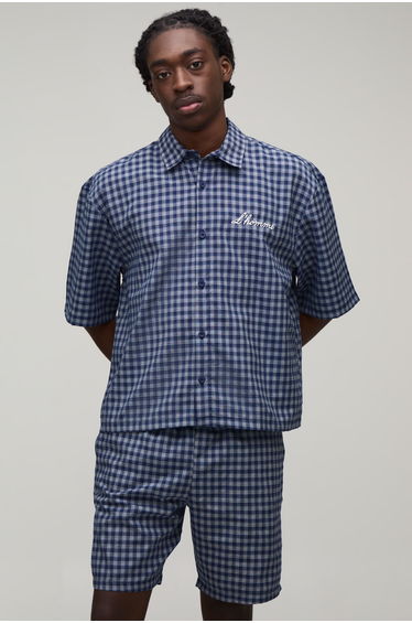 Embroidered Micro Check Boxy Oversized Shirt & Short Set - navy