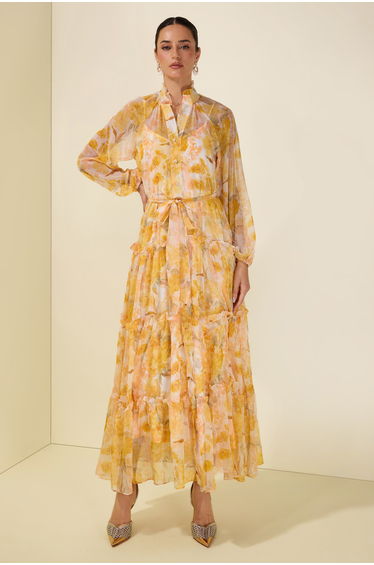 Floral Frill Single Breasted Midi Dress