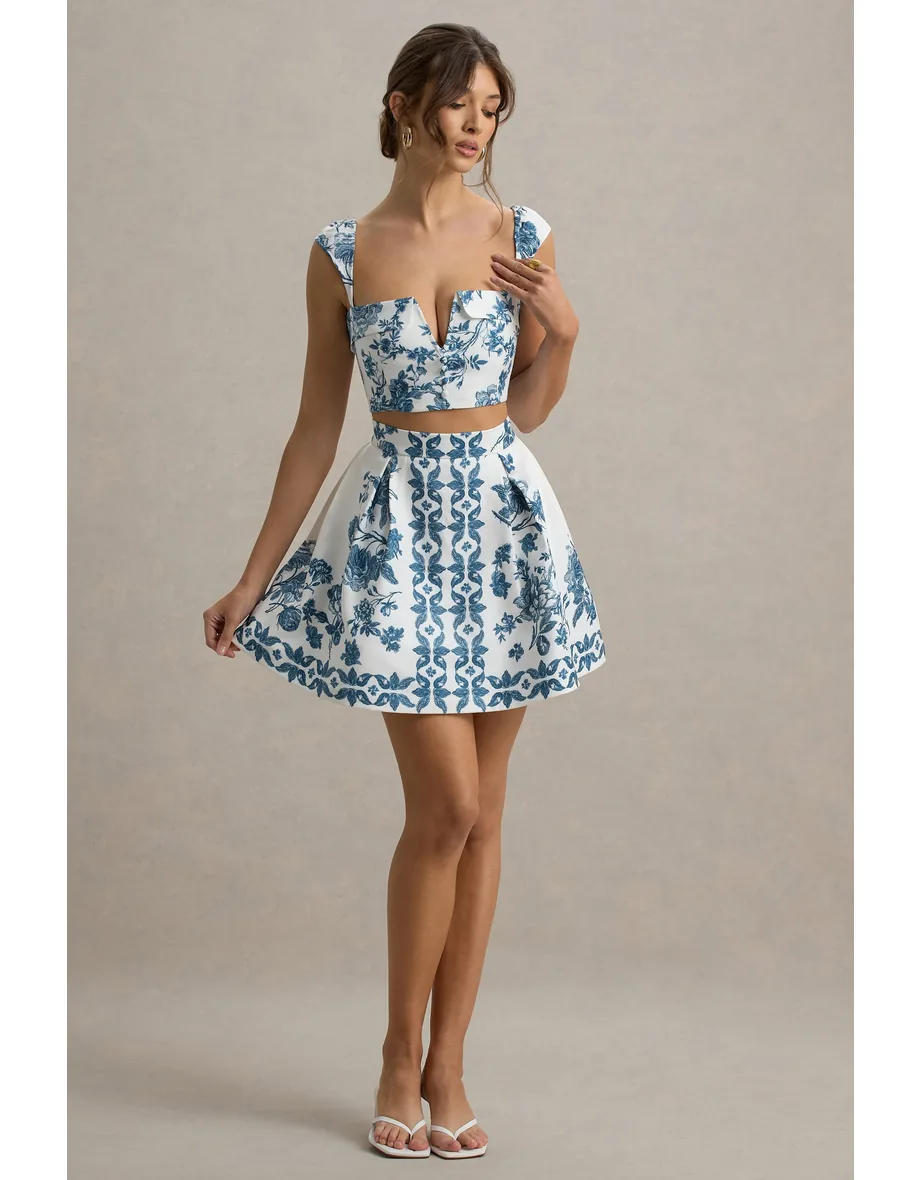 Locklea | Blue Porcelain Print Notched Crop Top Club L London