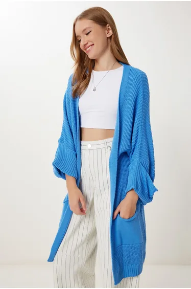 Women's Blue Oversized Long Pocket Knitwear Cardigan