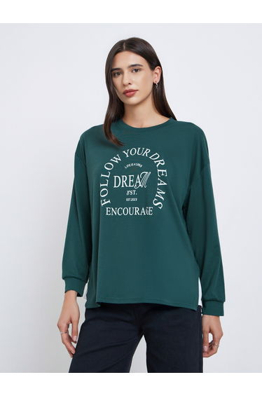 Dark Green Slogan Print Oversized T-Shirt