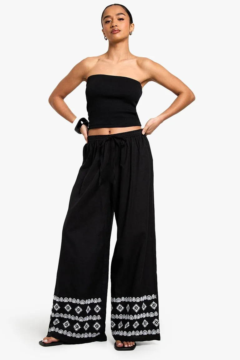 Petite  Wide Leg Broderie Hem Trouser - 2
