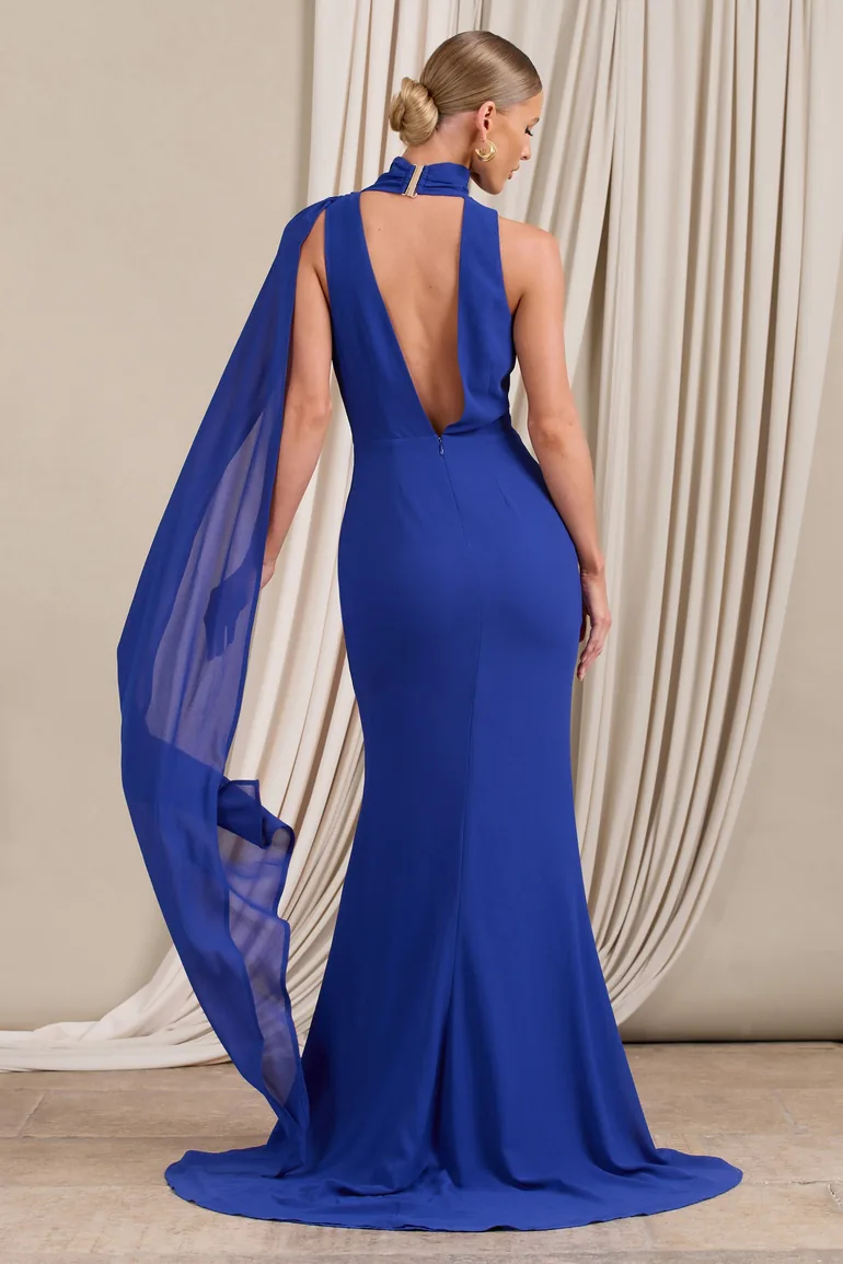 Whimsical | Blue Chiffon Plunge Fishtail Maxi Dress With Scarf Design - 1