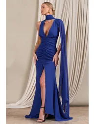 Whimsical | Blue Chiffon Plunge Fishtail Maxi Dress With Scarf Design - 2