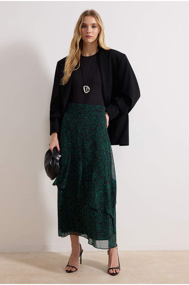 Green Animal Patterned Woven Skirt With Lining