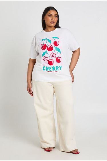 Plus Cherry Printed T Shirt - white