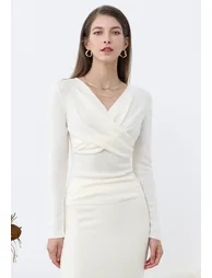 Artful Crisscross V-Neck Long Sleeve Knit Top in White