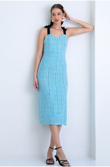 Women's Blue Lined Tweed Midi Dress with Straps and Zipper