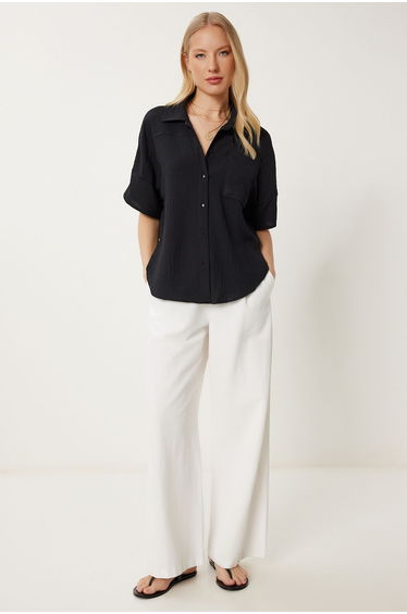 Women's Black Wrinkled Effect Pocket Woven Shirt