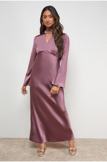 Satin Cut Out Flare Sleeve Bias Midi Dress