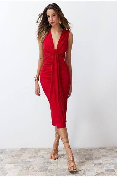 Red Draped Knitted Stylish Evening Dress