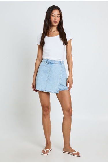 Tall Wrap Front Denim Skort - bleach wash