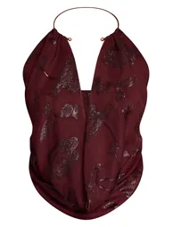 Wine Floral Glitter Chiffon Gold Halter Neck Trim Top - 4