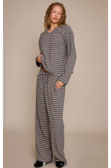 Grey Striped Soft Fleece V Neck Sweatshirt