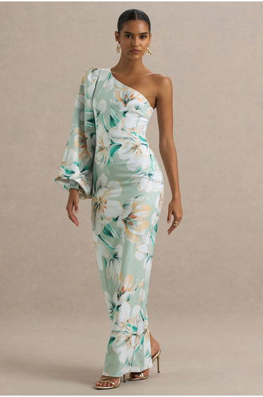 Kellis | Green Floral Print Asymmetric Maxi Dress With Balloon Sleeve