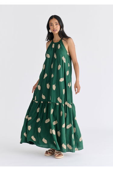 Leaf Embroidered Halterneck Maxi Dress