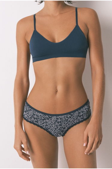 Wide Brazilian panty with blue mini flower print