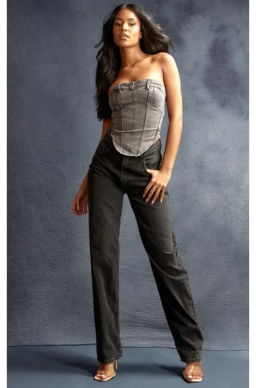 PRETTYLITTLETHING Tall Washed Black High Rise Boyfriend Jeans