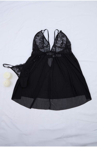 Black Lace Tulle Detail and K Cup-Free Panty Knitted Babydoll/Fantasy Nightgown with Rope Straps