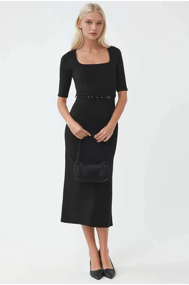 BUSEM Belted Midi Dress with Square Collar