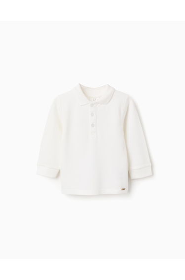 Long sleeve cotton piqué polo shirt for baby boys, white