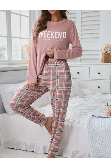 Pink Slogan Text Print T-Shirt and Checked Pyjama Set
