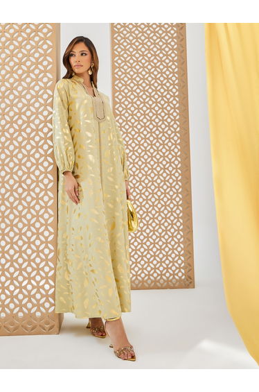 Foil Print A-Line Jalabiya with Lace Trim