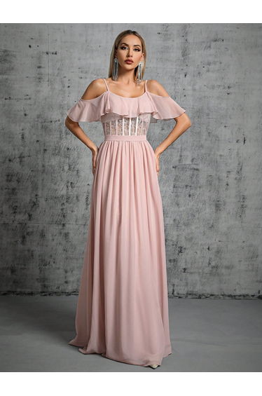 Leely Women's Elegant Spaghetti Strap Cold Shoulder Ruffle A-Line Dress