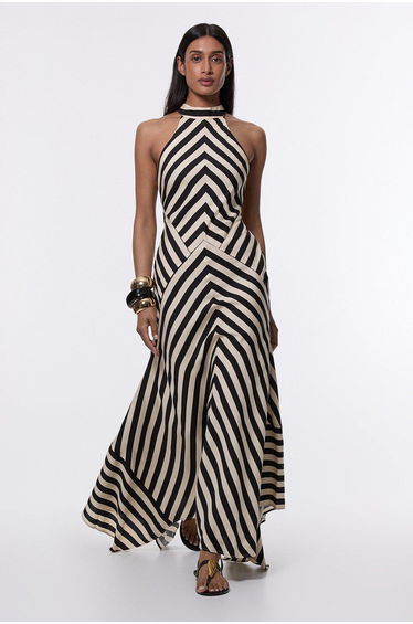 Mono Fluid Stripe Cotton Mix Woven Halter Dress