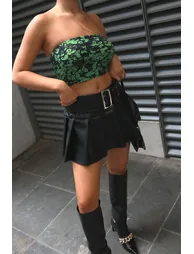 Black-PU Belted Pleated Mini-Skirt - 2