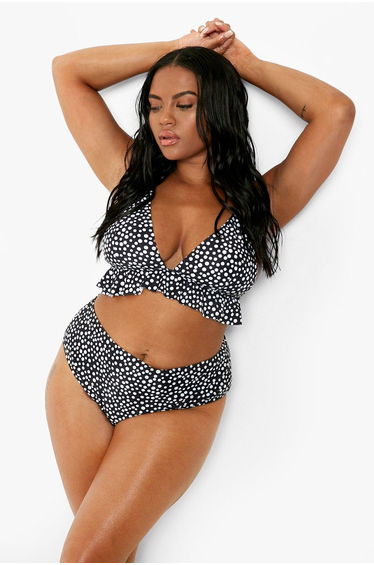 Plus Polka Dot Ruffle High Waist Bikini - black