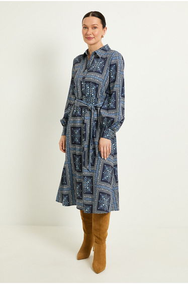 Scarf Print Relaced Shirt Dress