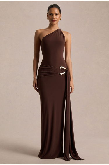 Bonnie | Brown Asymmetric-Neck Maxi Dress With Ruched-Detailing