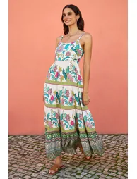 Yumi White Floral Block Print Tiered Maxi Sun Dress - 1
