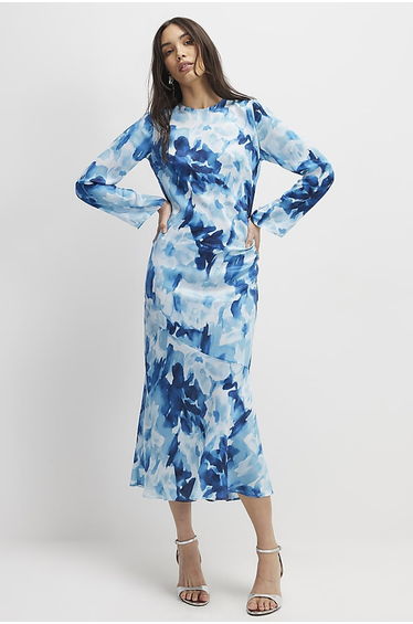 Blue Floral Long Sleeve Midi Dress