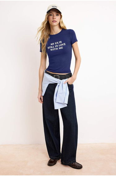 Navy Blue Slogan Fitted Cotton Ribbed Knitted T-Shirt