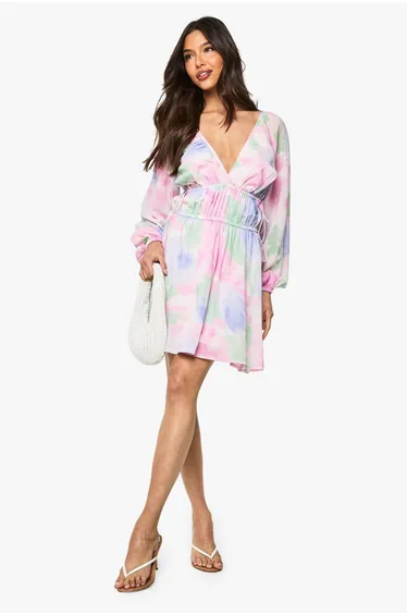 فستان قصير بربطة خصر بأكمام منفوخة بطبعة أزهار - أزرق