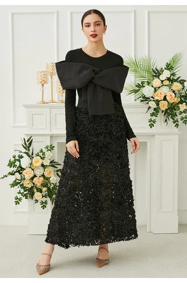 Rose Petal Embellished Mesh Maxi Skirt in Black
