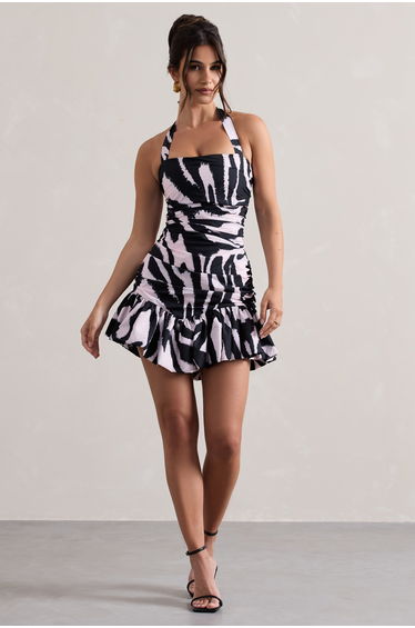 Zahra | Zebra Print Halter-Neck Ruched Mini Dress With Ruffle Hem
