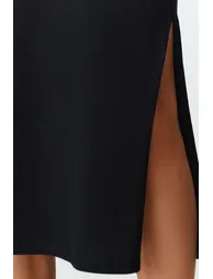 Black 100% Cotton Slit Detailed /Comfortable Cut Midi Knitted Dress - 3