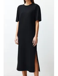 Black 100% Cotton Slit Detailed /Comfortable Cut Midi Knitted Dress - 4