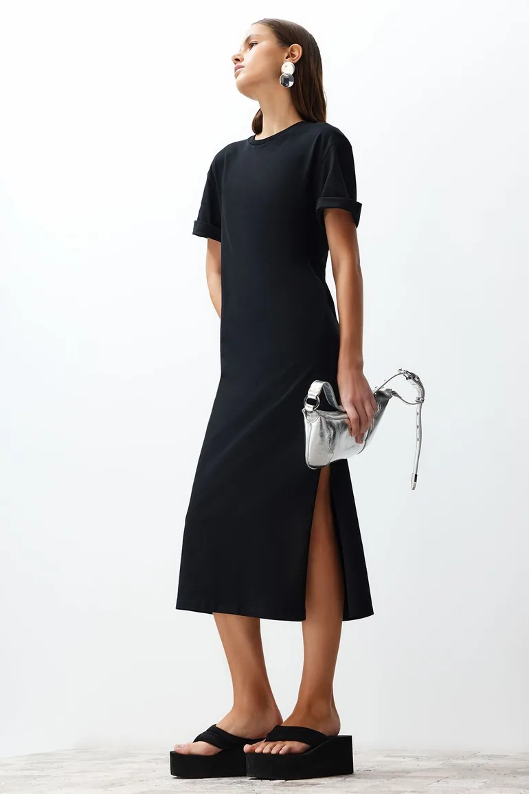 Black 100% Cotton Slit Detailed /Comfortable Cut Midi Knitted Dress - 1