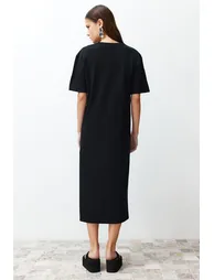 Black 100% Cotton Slit Detailed /Comfortable Cut Midi Knitted Dress - 5